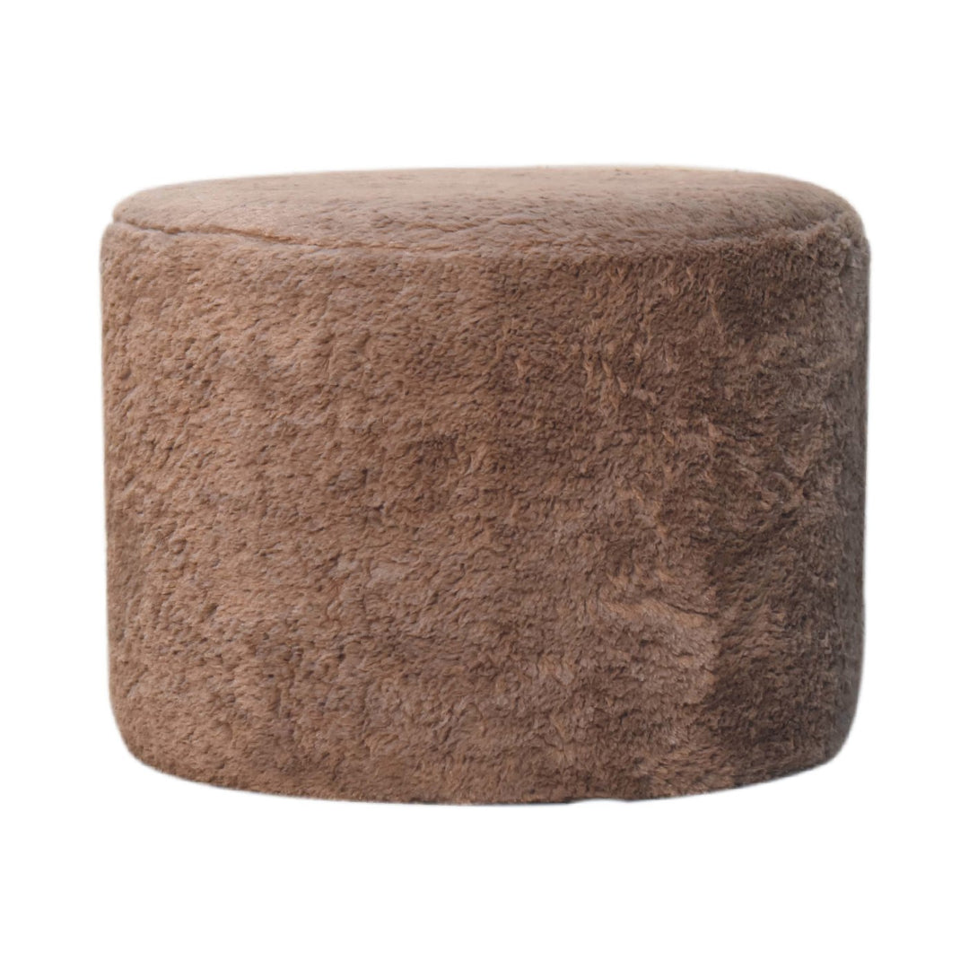 Mocha-Faux-Fur-Round-Footstool